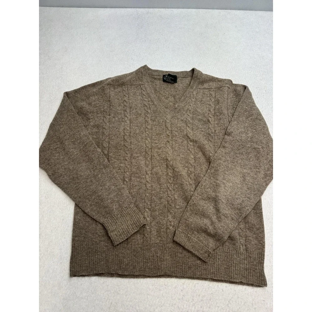 Saddles Ltd Sweater Mens Large Brown Lambswool V Neck Cable Knit Pullover Warm